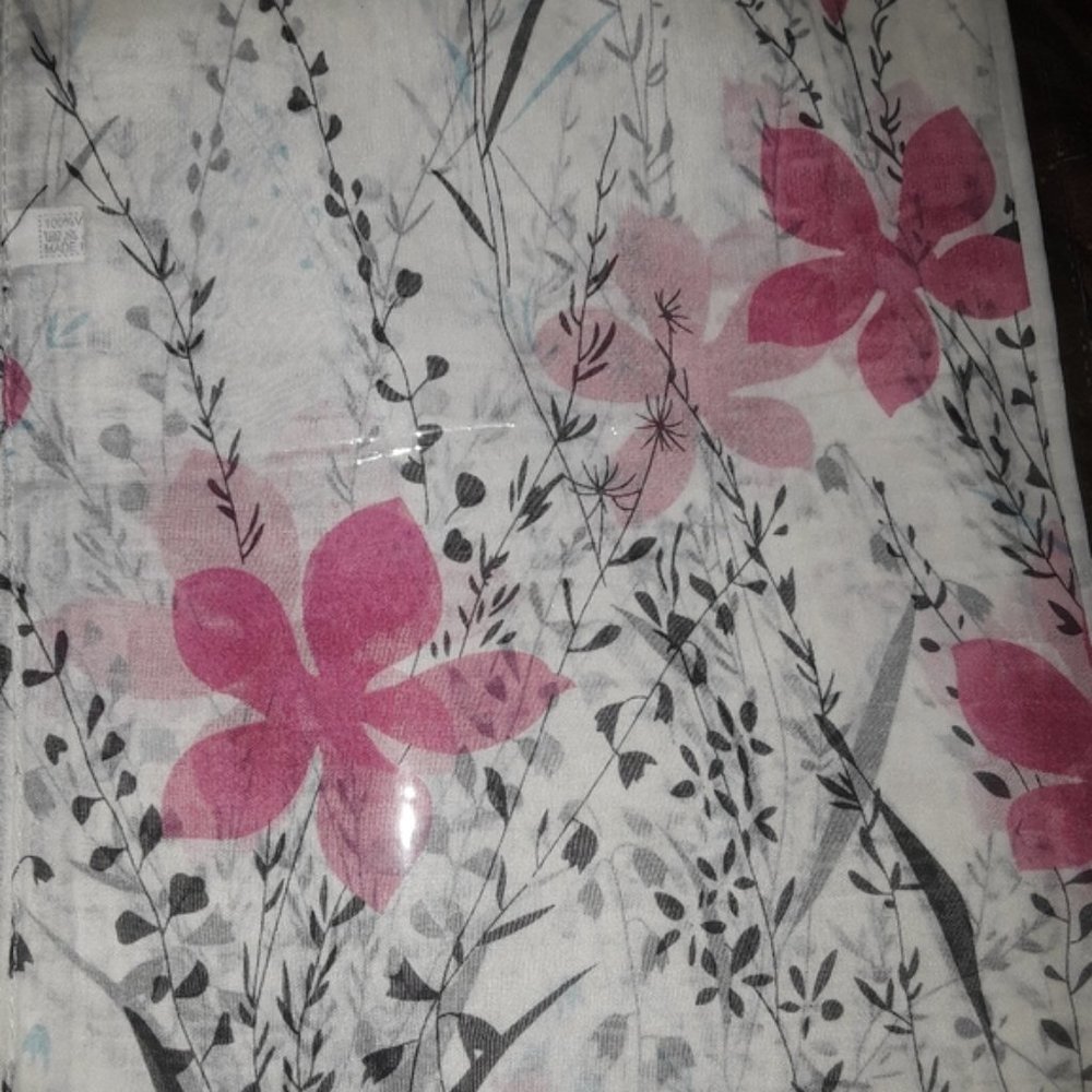 White Chiffon Pink Floral Wrap Scarf Shawl - Picture 6 of 6